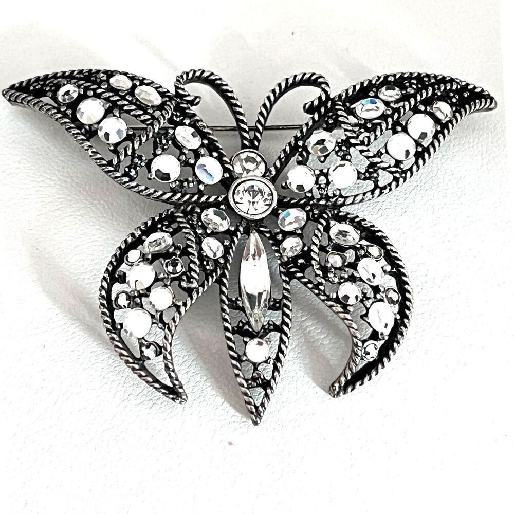 New Kirks Folly Butterfly Brooch Pin Antique Silver Tone Clear Crystal - 2V